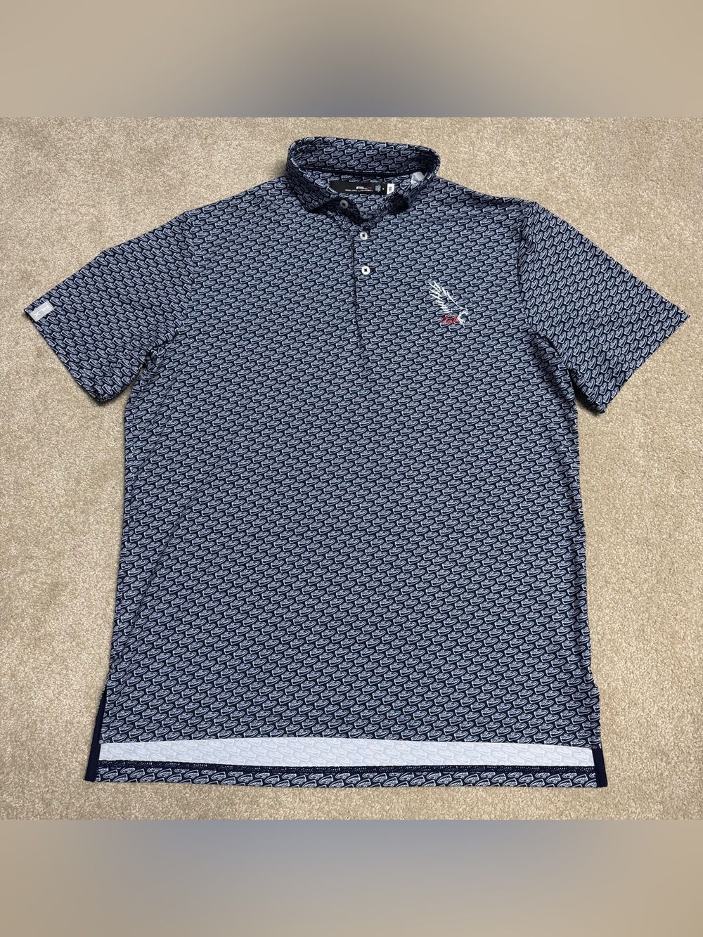 RLX Ralph Lauren Performance Polo Golf Shirt Men Medium Navy Blue All Over Print